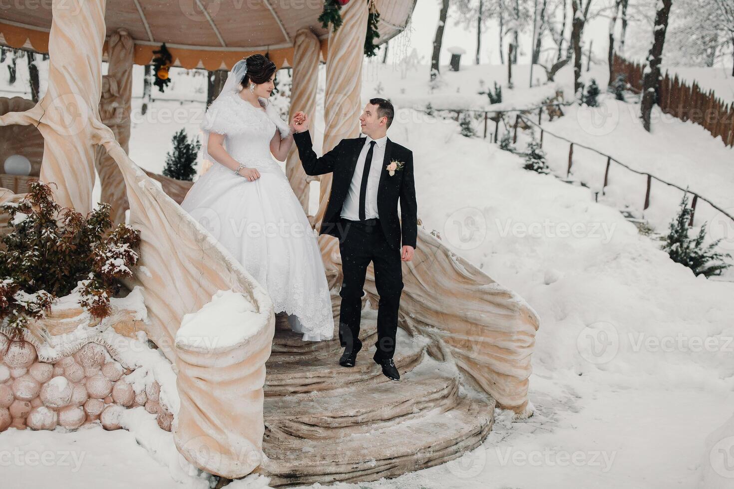 A bride and groom are standing on a snow-covered staircase, with the bride wearing a white dress and the groom wearing a black suit. The scene is set in a winter wonderland, with snow-covered trees photo