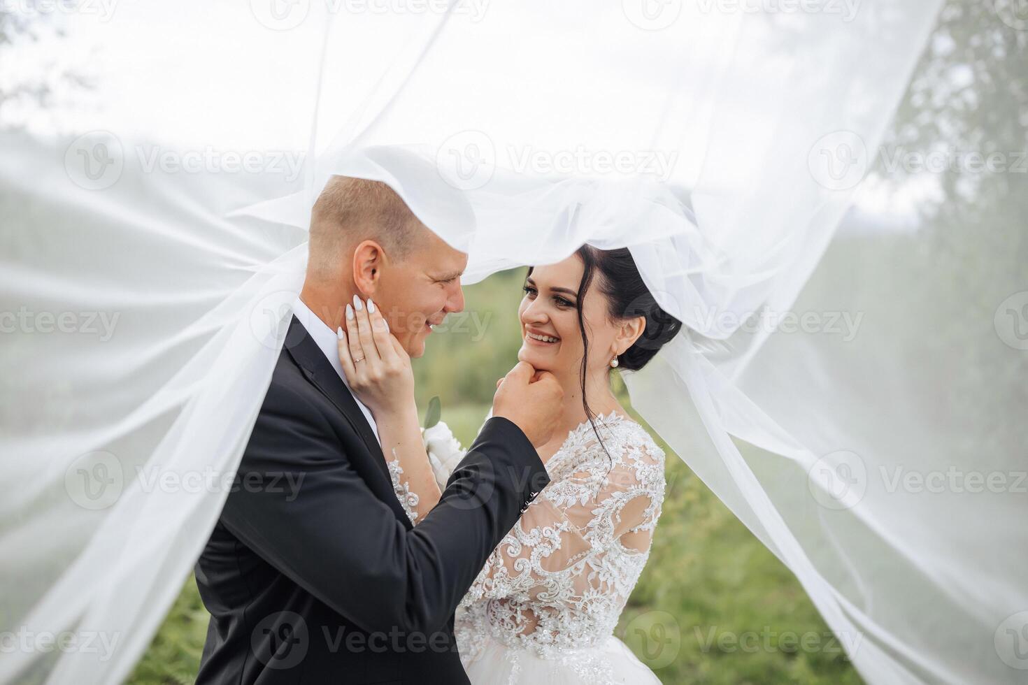 A bride and groom are standing under a white veil. The bride is wearing a white dress and the groom is wearing a black suit. They are both smiling and looking at the camera photo
