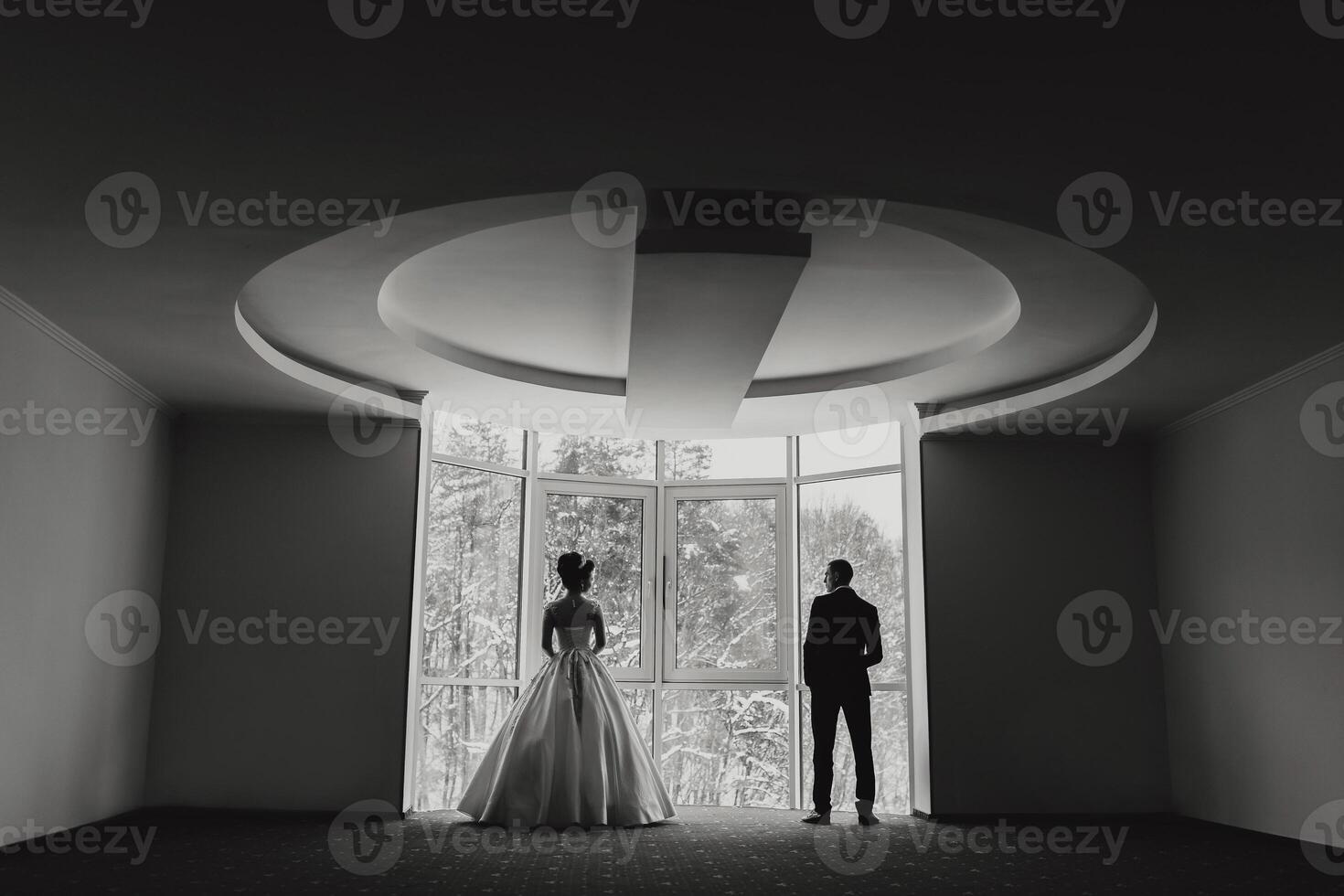 A man and a woman are standing in a room with a large window. The woman is wearing a white dress and the man is wearing a suit. Scene is one of anticipation and excitement photo