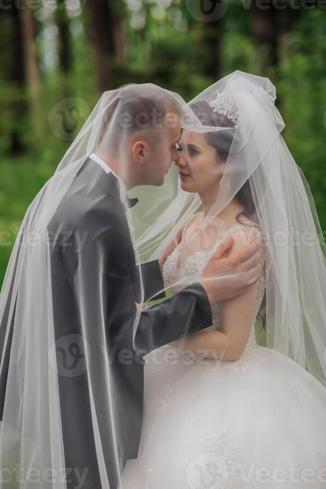 A bride and groom are standing in front of a white veil, with the bride's face partially hidden by the veil. The couple is dressed in formal attire, with the groom wearing a tie photo