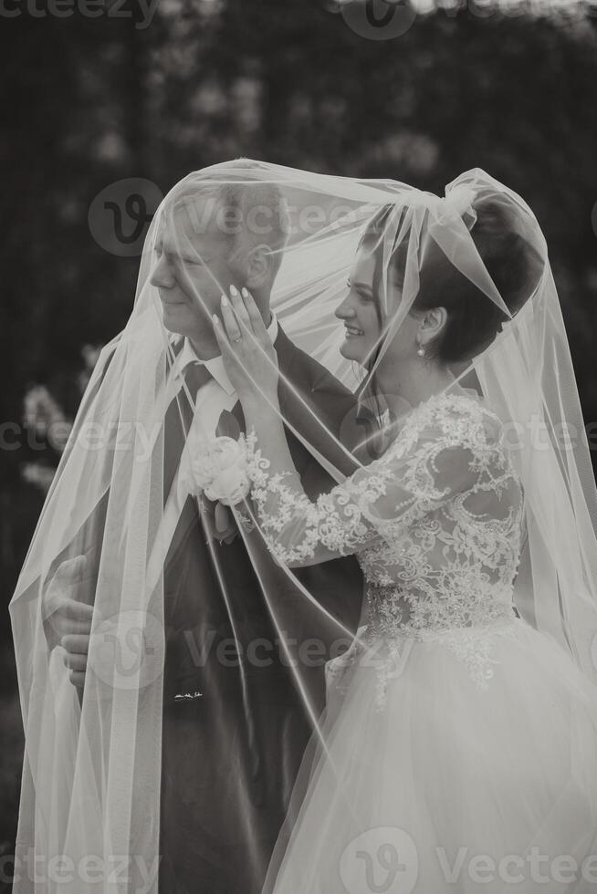 A bride and groom are hugging under a veil. The bride is wearing a white dress and the groom is wearing a suit. The scene is intimate and romantic photo