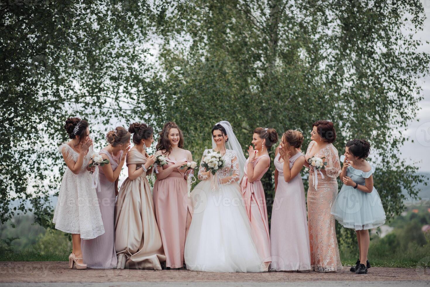 A group of women are posing for a picture, with one of them wearing a wedding dress. Scene is joyful and celebratory, as the women are all smiling and looking happy photo