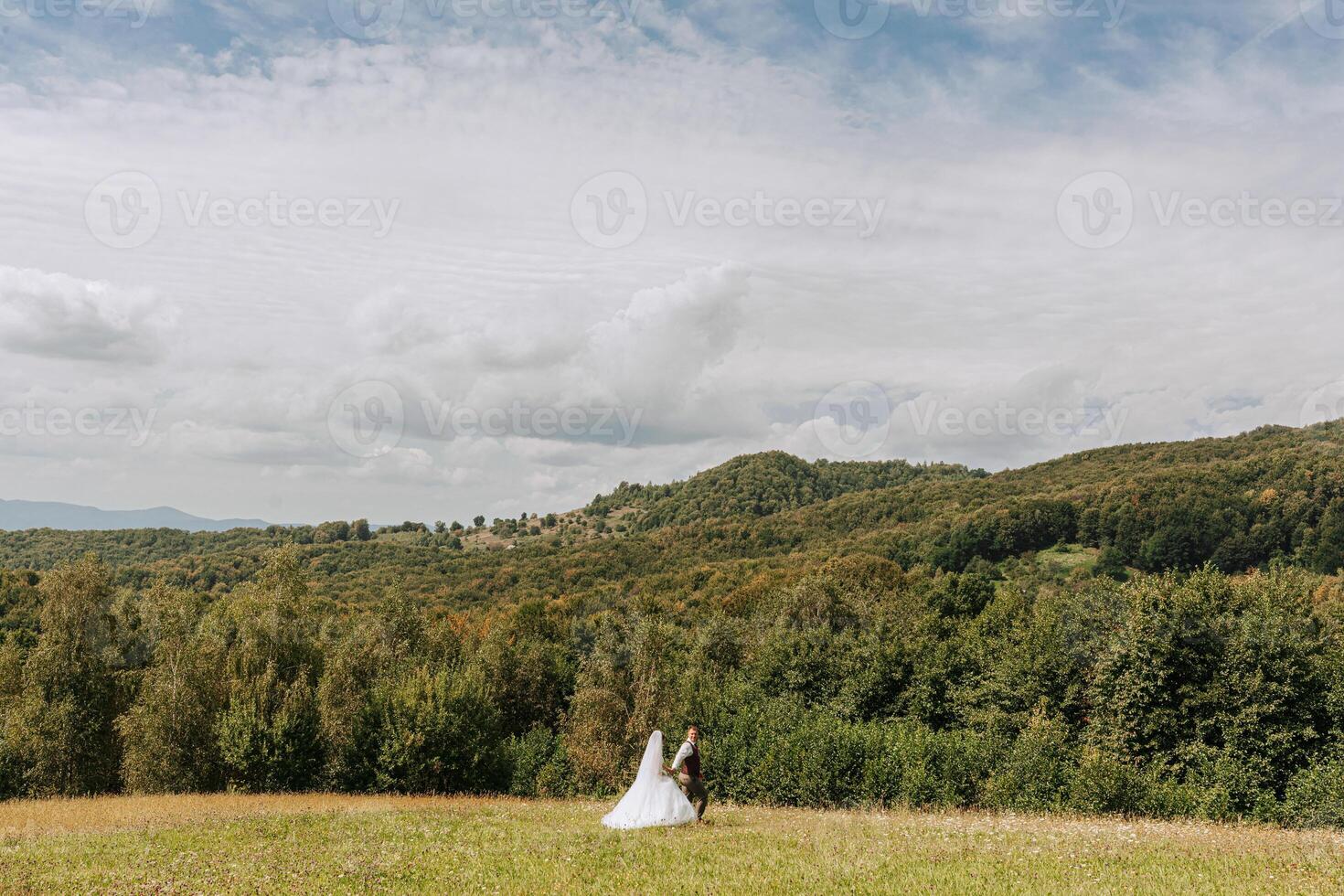 A bride and groom stand in a field with a beautiful view of the mountains in the background. The scene is serene and peaceful photo