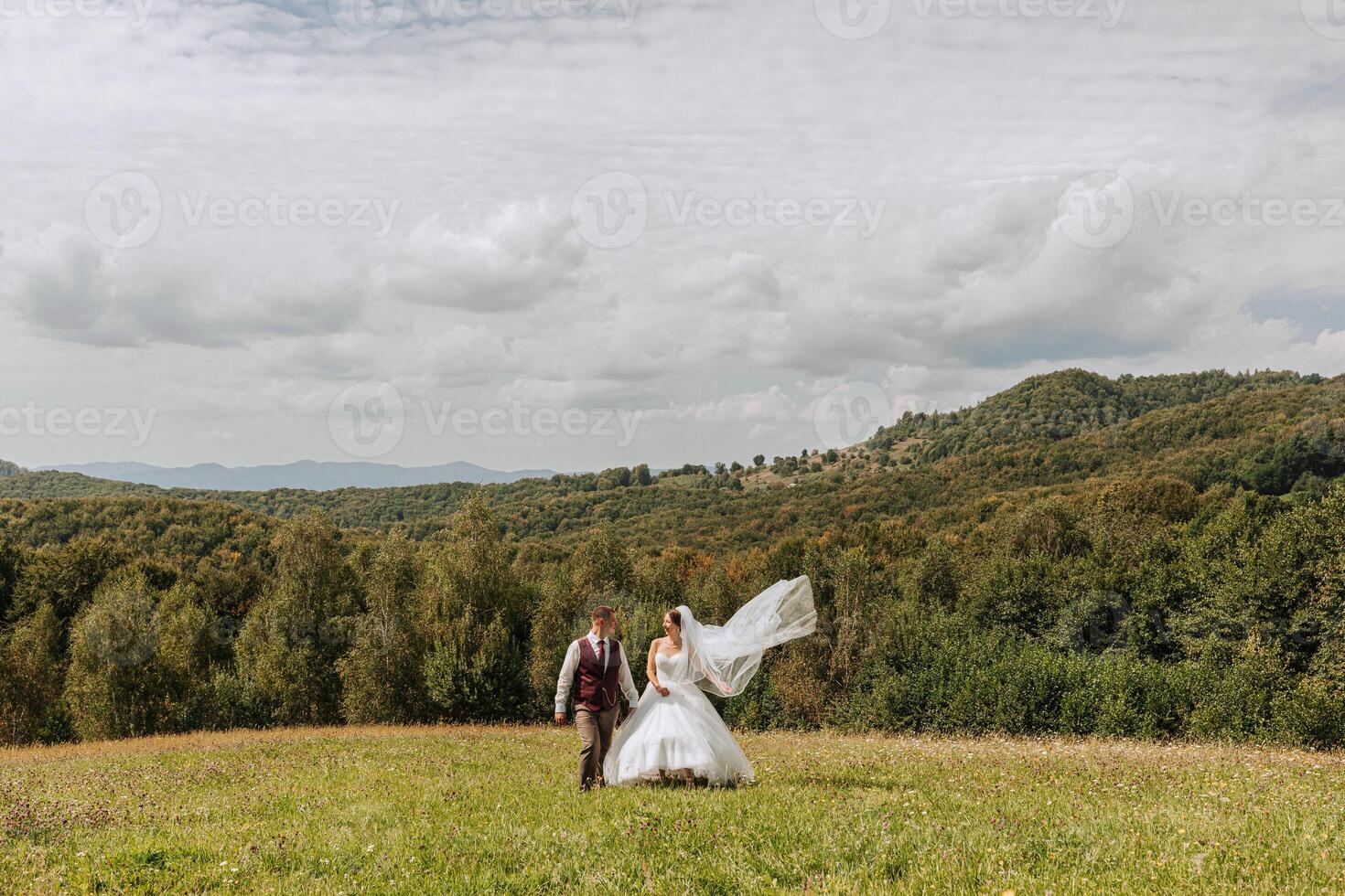 A bride and groom are walking through a field with a beautiful view of the mountains in the background photo