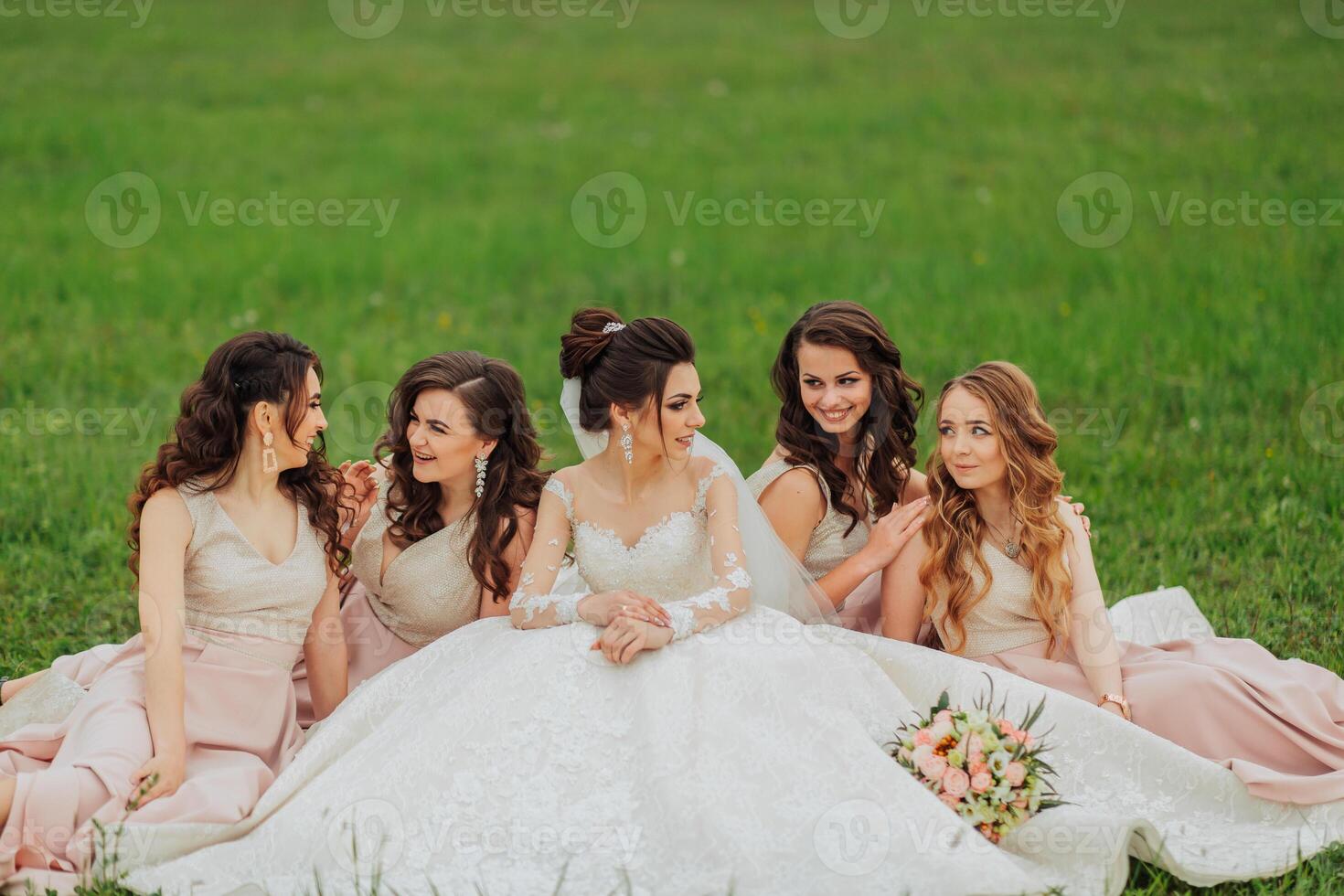 A group of five women are sitting on the grass, with one of them wearing a wedding dress. The bride is surrounded by her bridesmaids, and they are all smiling and enjoying each other's company photo