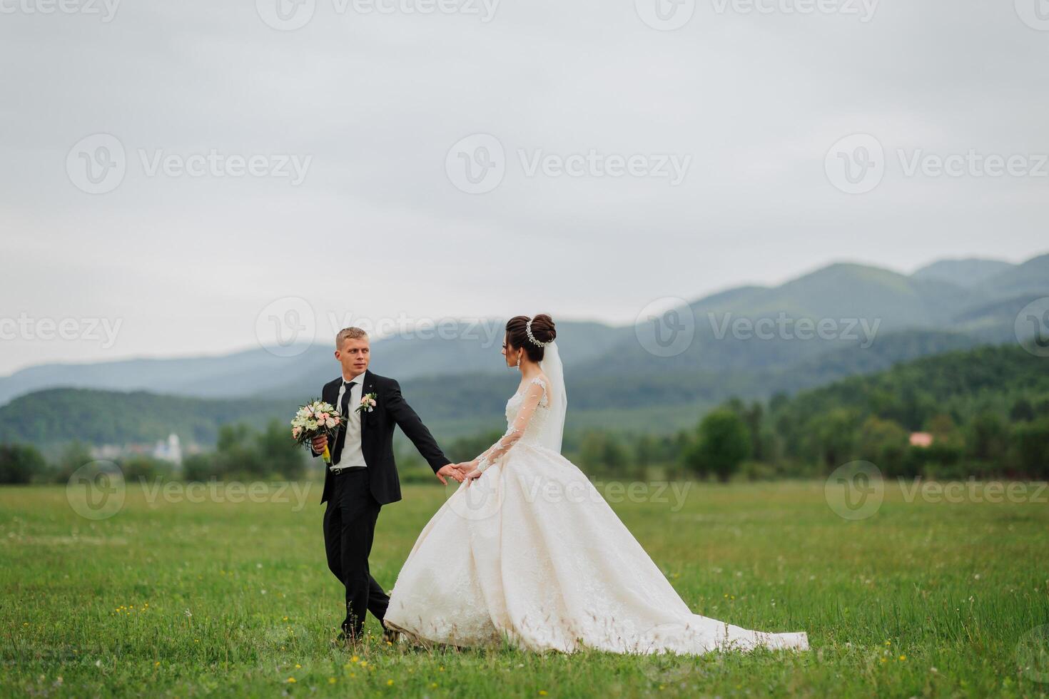A bride and groom are walking in a field with mountains in the background. The bride is wearing a white dress and the groom is wearing a suit photo