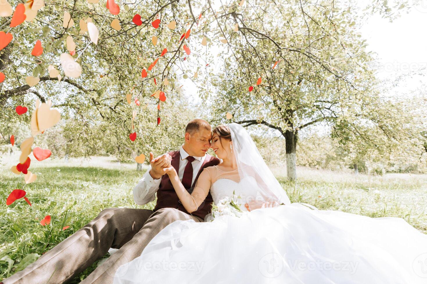 A bride and groom are sitting under a tree with red hearts hanging from the branches. They are holding hands and smiling at the camera photo