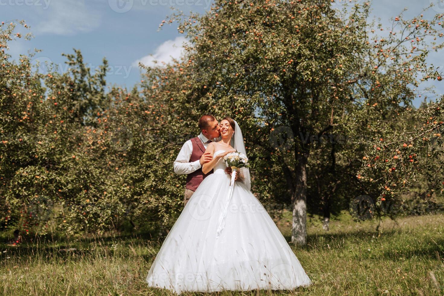 A bride and groom are standing in a field of apples, with the bride wearing a white dress and the groom wearing a vest photo