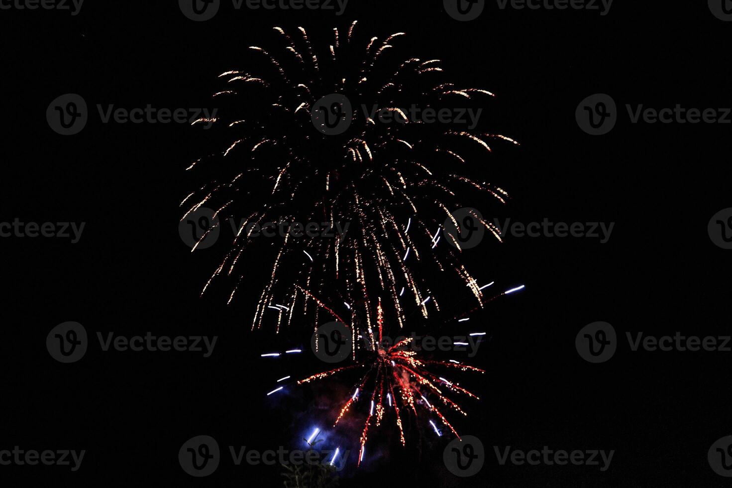 A fireworks display in the night sky. The fireworks are red, blue, and yellow. The sky is dark, and the fireworks are lit up against the black background. Scene is festive and celebratory photo