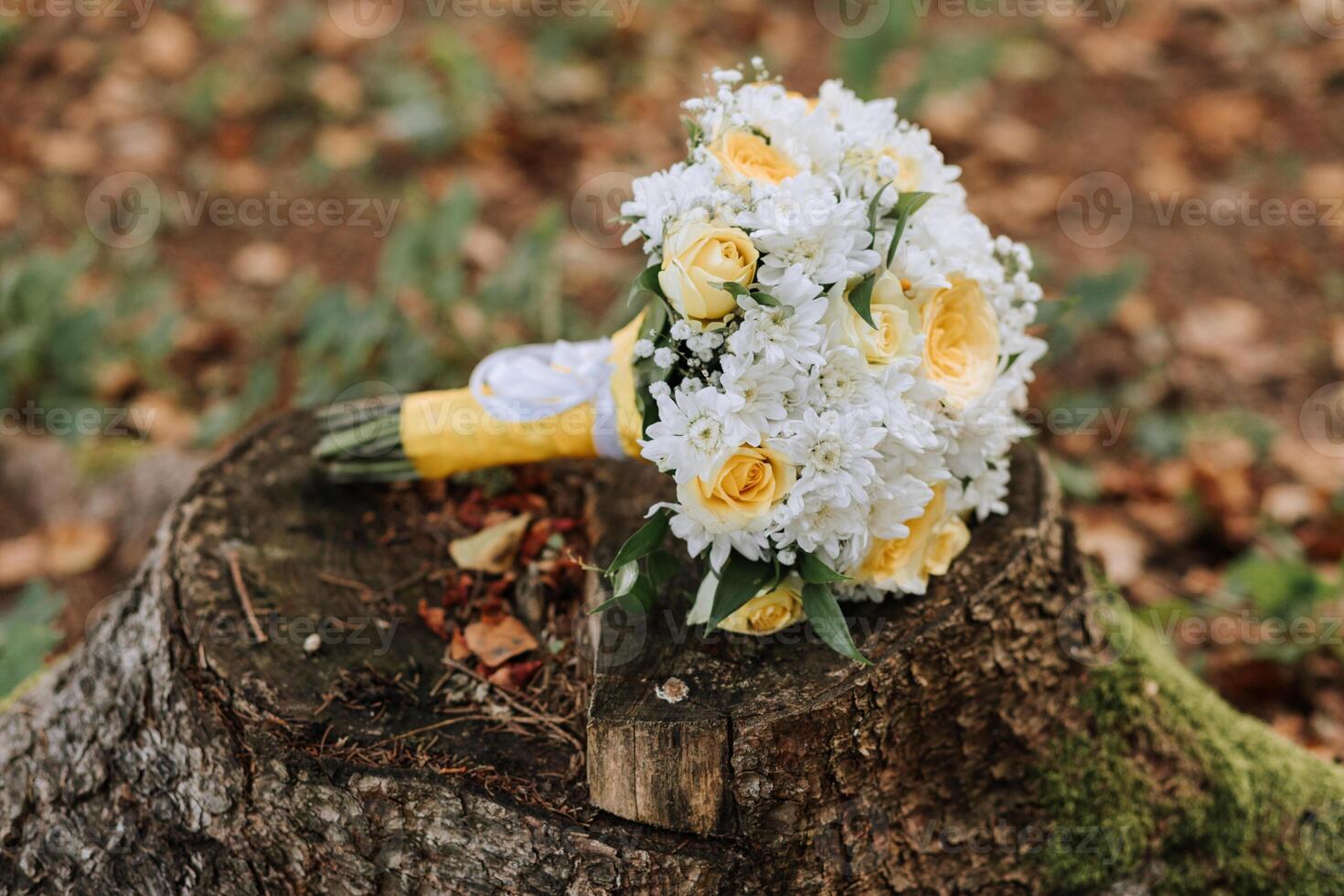 A bouquet of white and yellow flowers is sitting on a log. The flowers are arranged in a way that they are all facing the same direction, creating a sense of unity and harmony photo