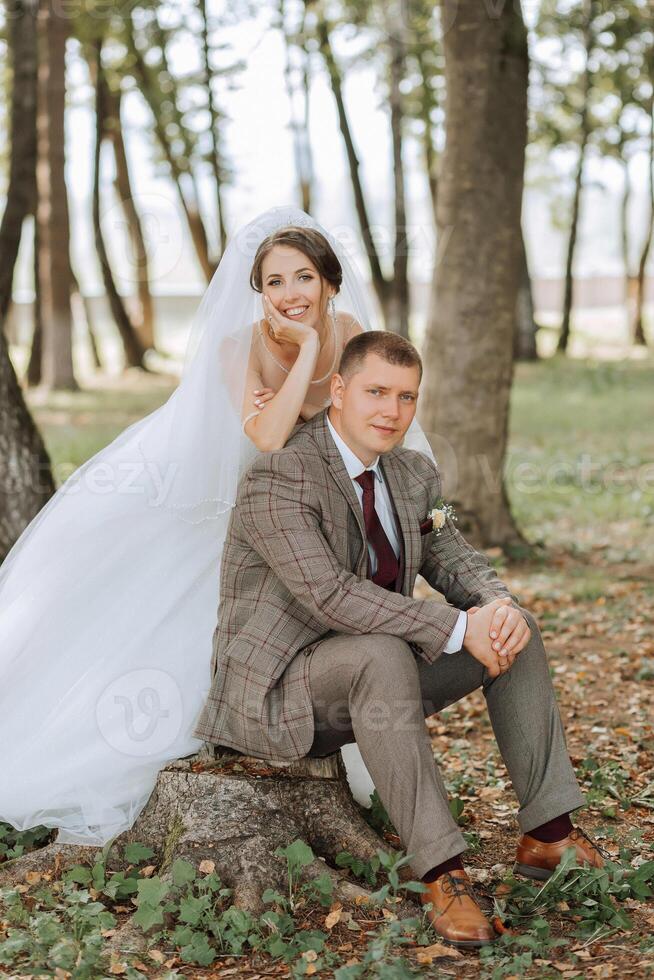A bride and groom are posing for a picture in a forest. The bride is wearing a white dress and the groom is wearing a suit. They are sitting on a log in the woods photo