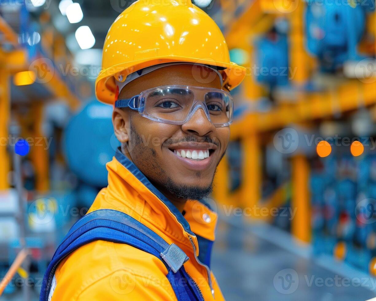 A man wearing a hardhat and safety glasses smiles confidently while working in a factory photo