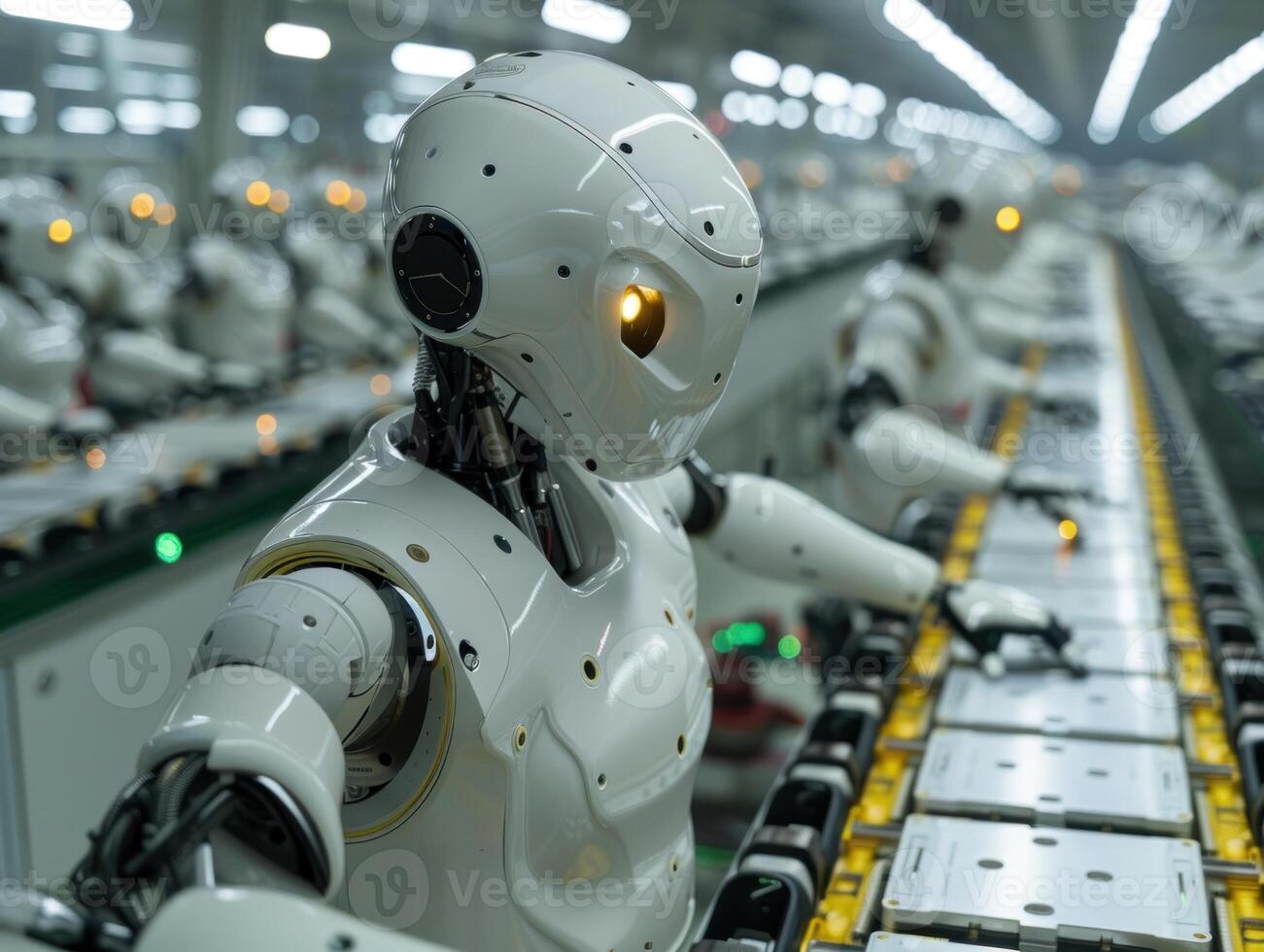 A row of robots working on an assembly line in a futuristic factory photo