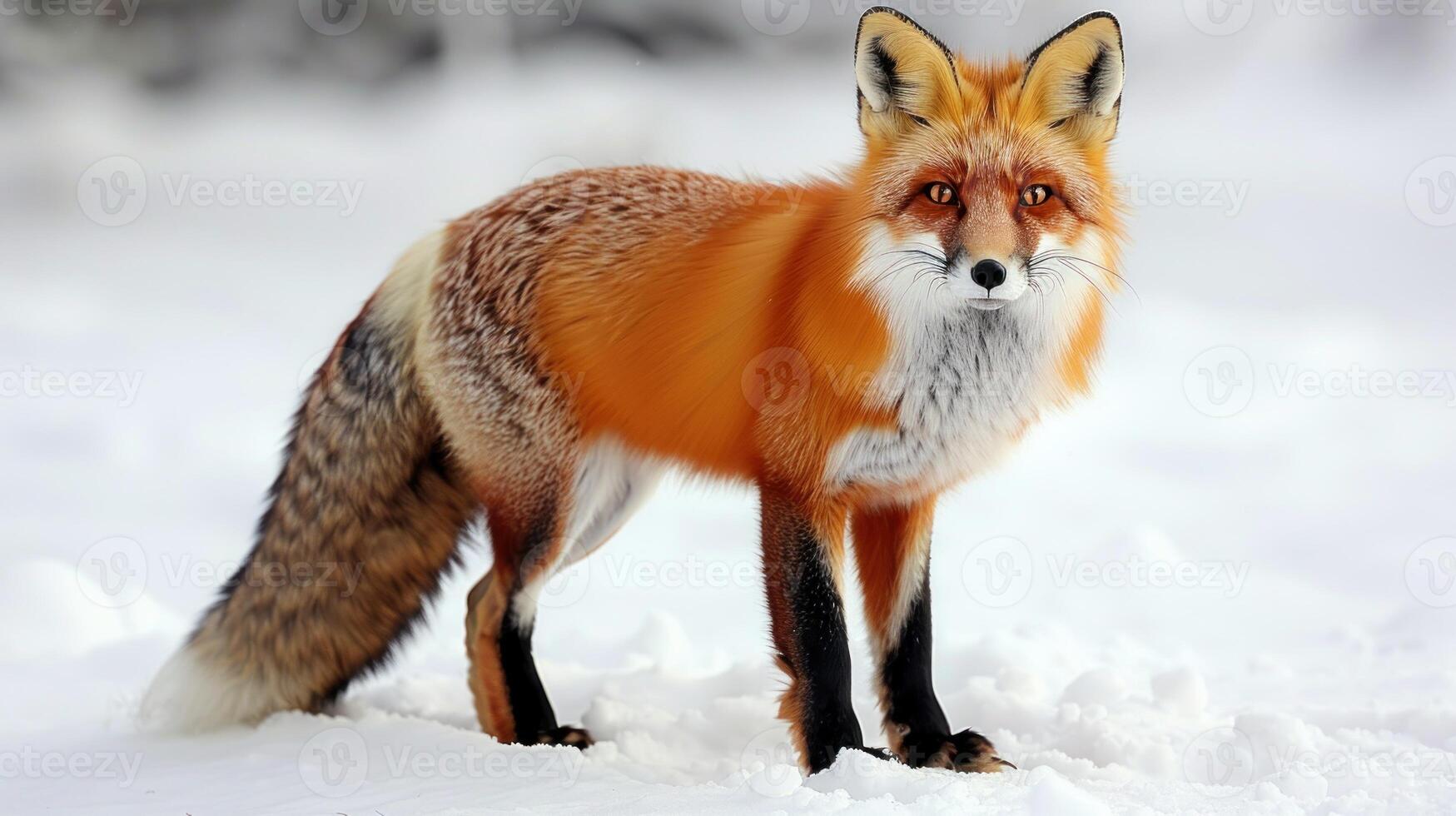 A red fox stands in the snow, its fur contrasting with the white backdrop photo