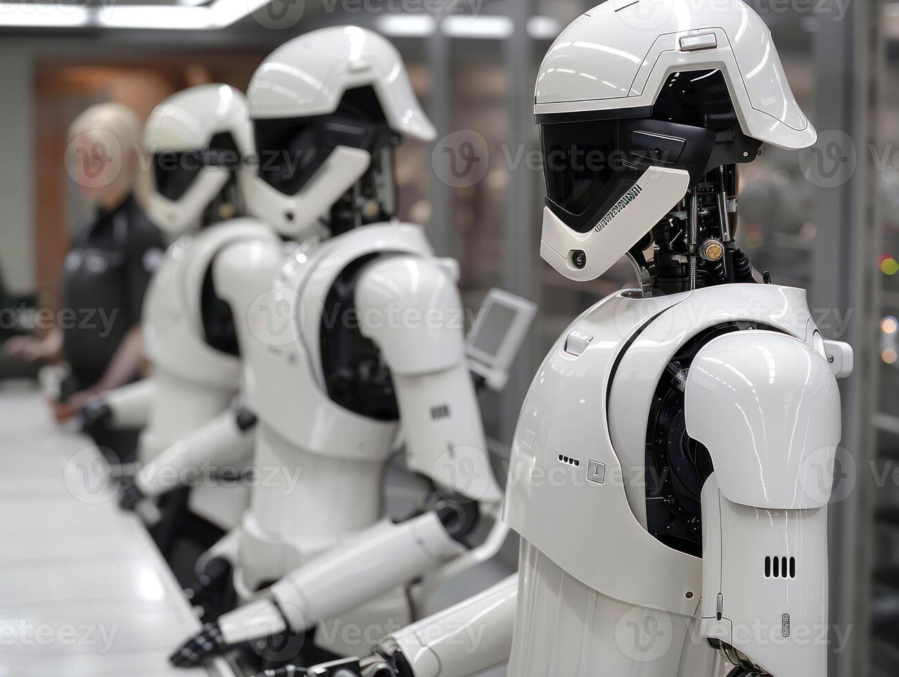A row of white robots with helmets stand in a futuristic facility photo