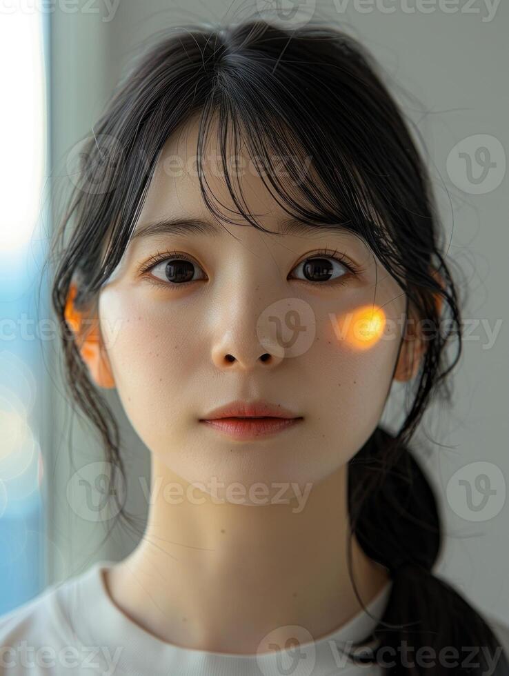 A young woman with dark hair and a gentle smile, illuminated by warm sunlight photo