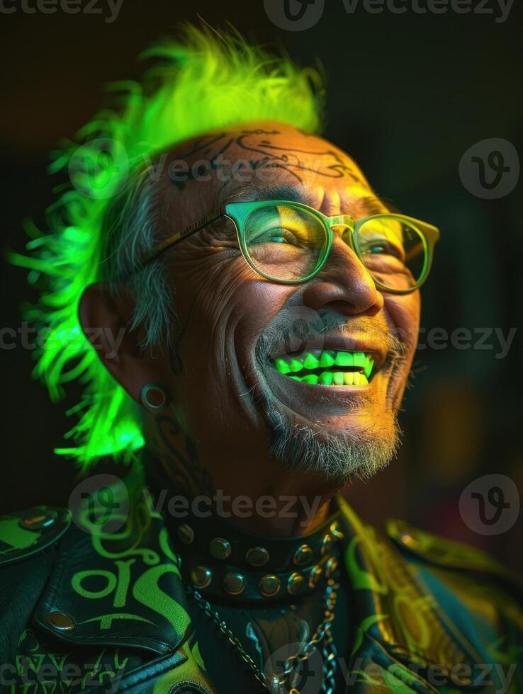 An elderly man with green hair and a studded leather jacket smiles broadly photo
