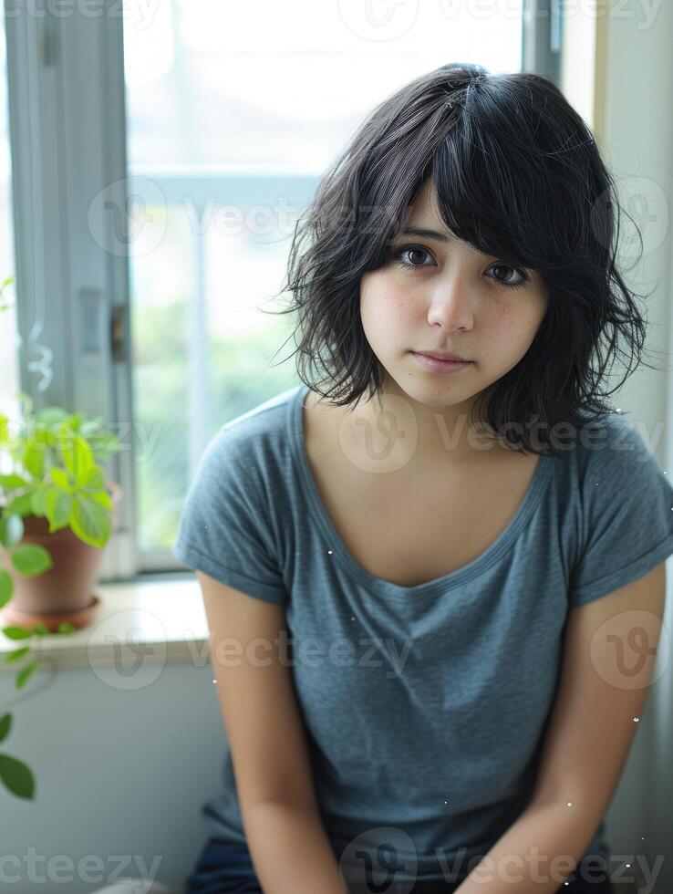 A young woman with short, wavy black hair sits by a window, looking thoughtful photo