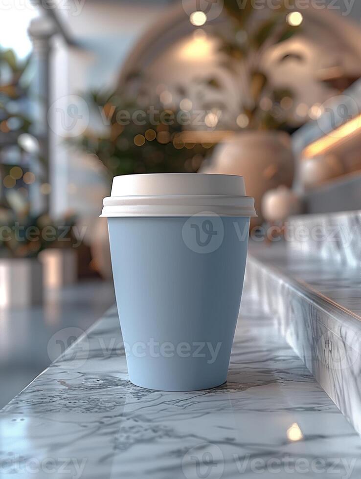 A blue disposable cup sits on a marble counter in a modern cafe photo