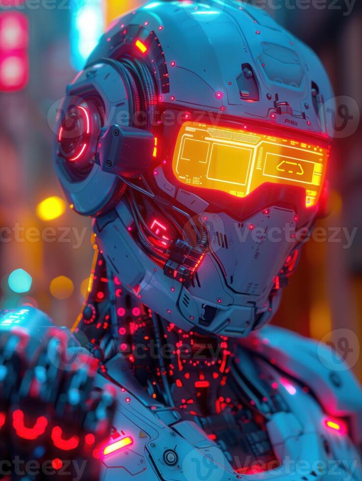 A futuristic robot stands in a glowing city photo