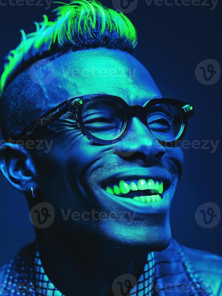 A man with green hair smiles brightly under blue and green neon lights photo