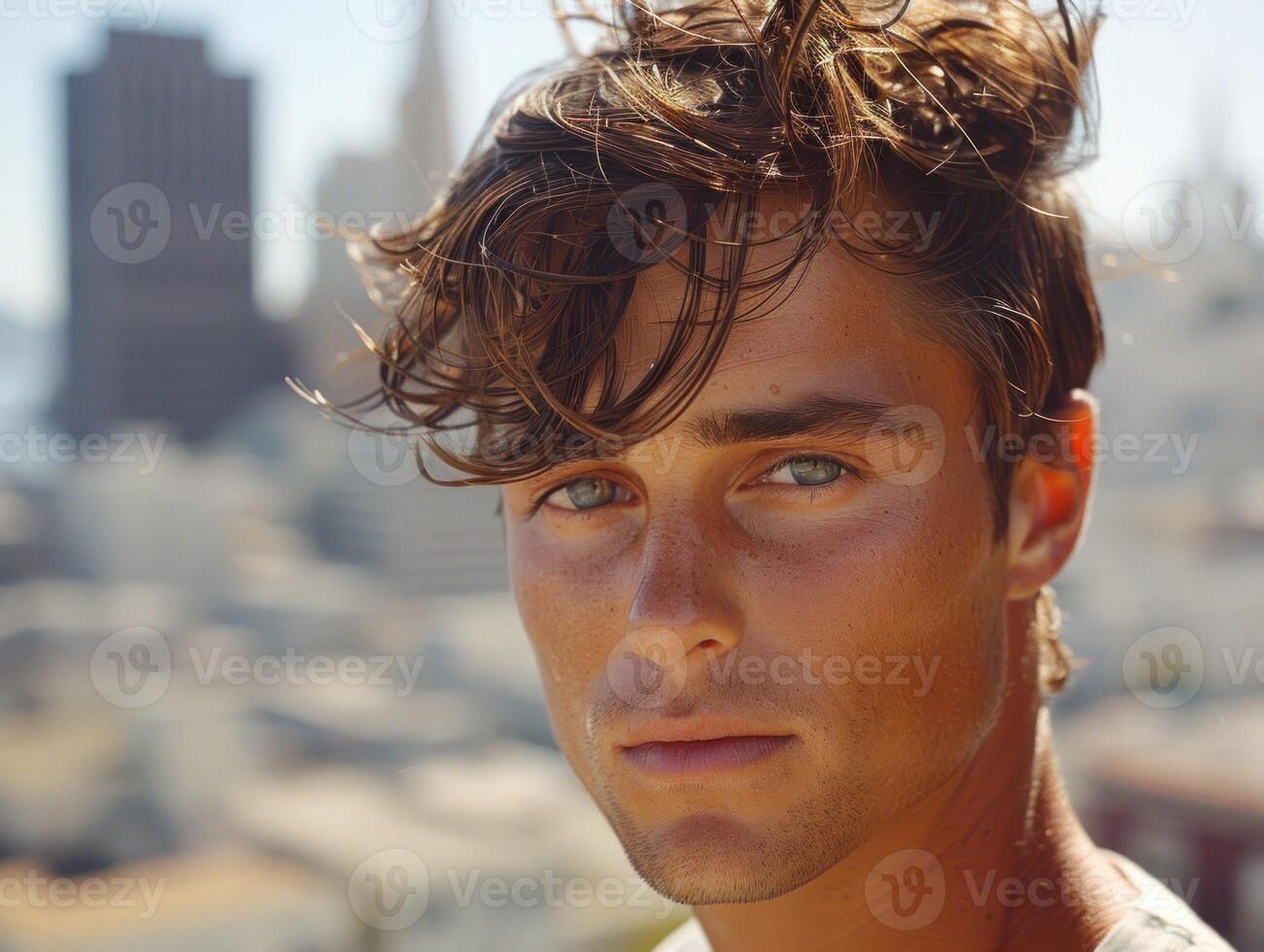 Close-up portrait of a young man with windblown hair photo