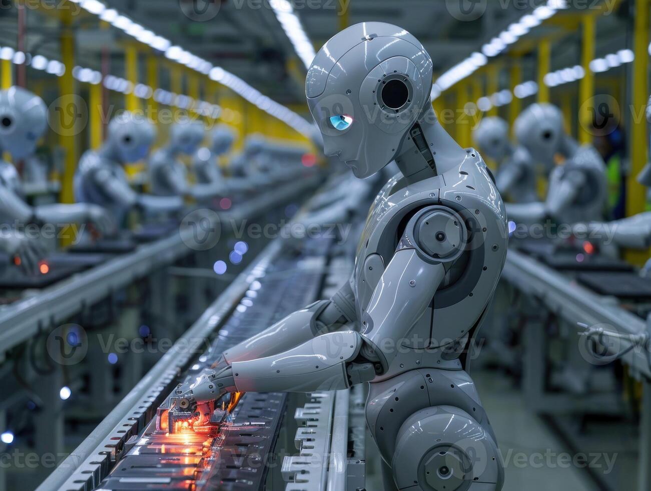 Robots work diligently on an assembly line in a factory photo