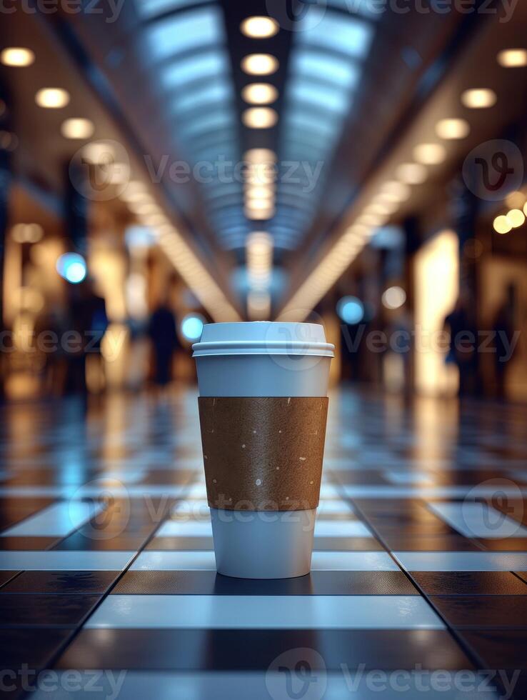 A takeaway coffee cup stands alone on a tiled floor in a bustling mall photo