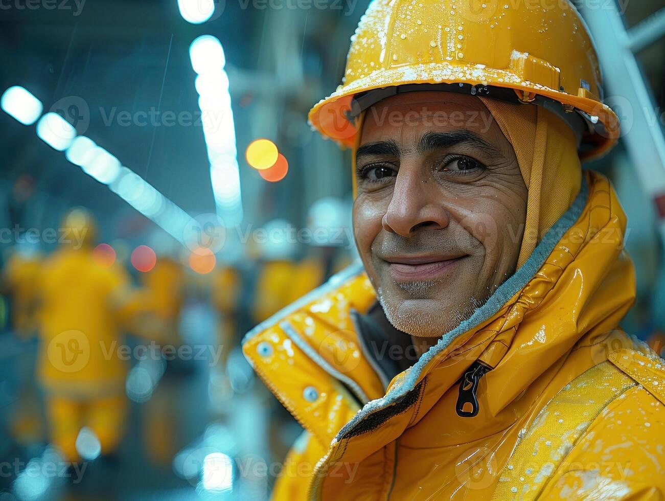 A worker smiles in a snowy environment, wearing a yellow raincoat and hard hat photo