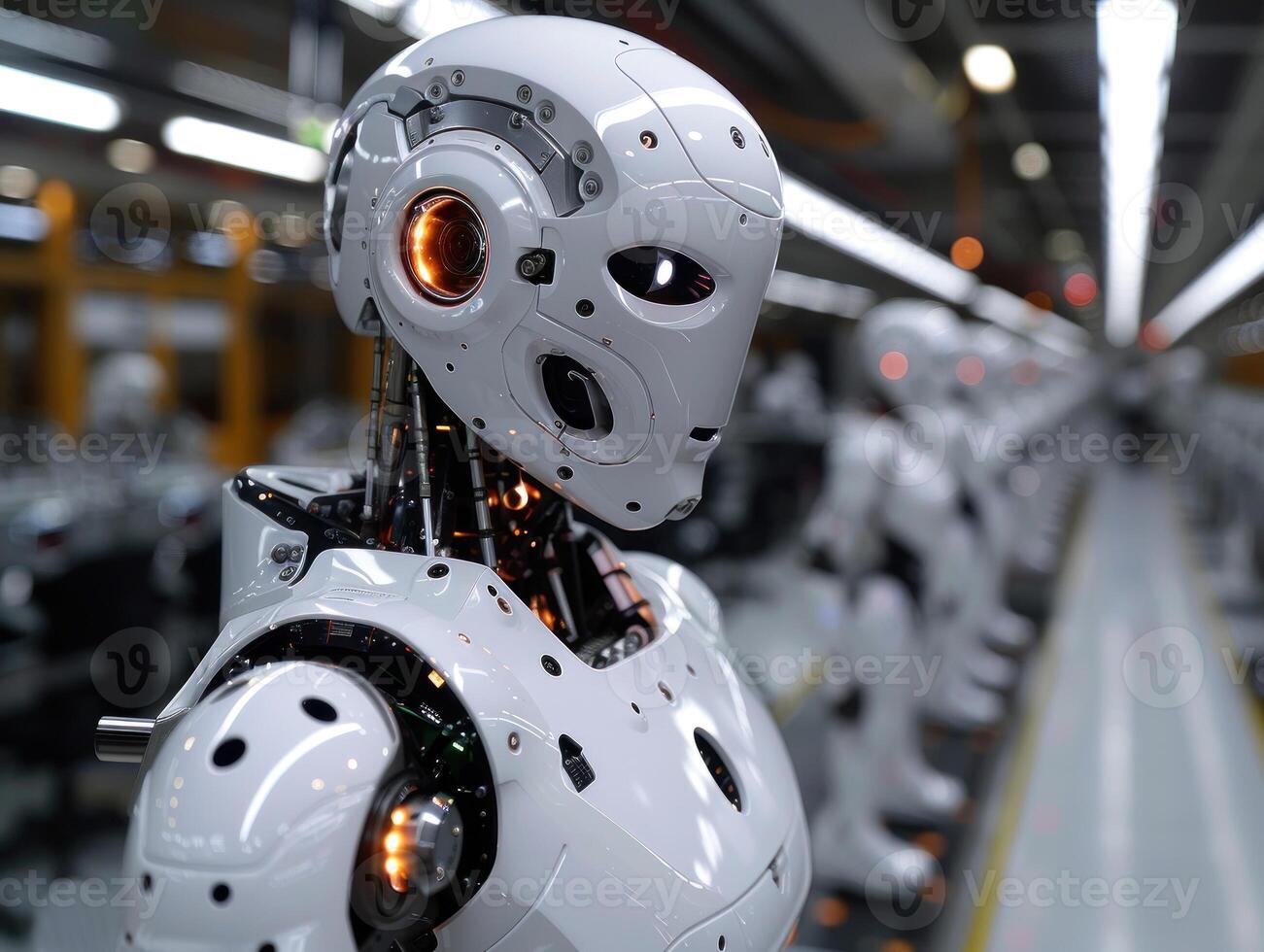 A single robot stands out in a line of identical robots photo