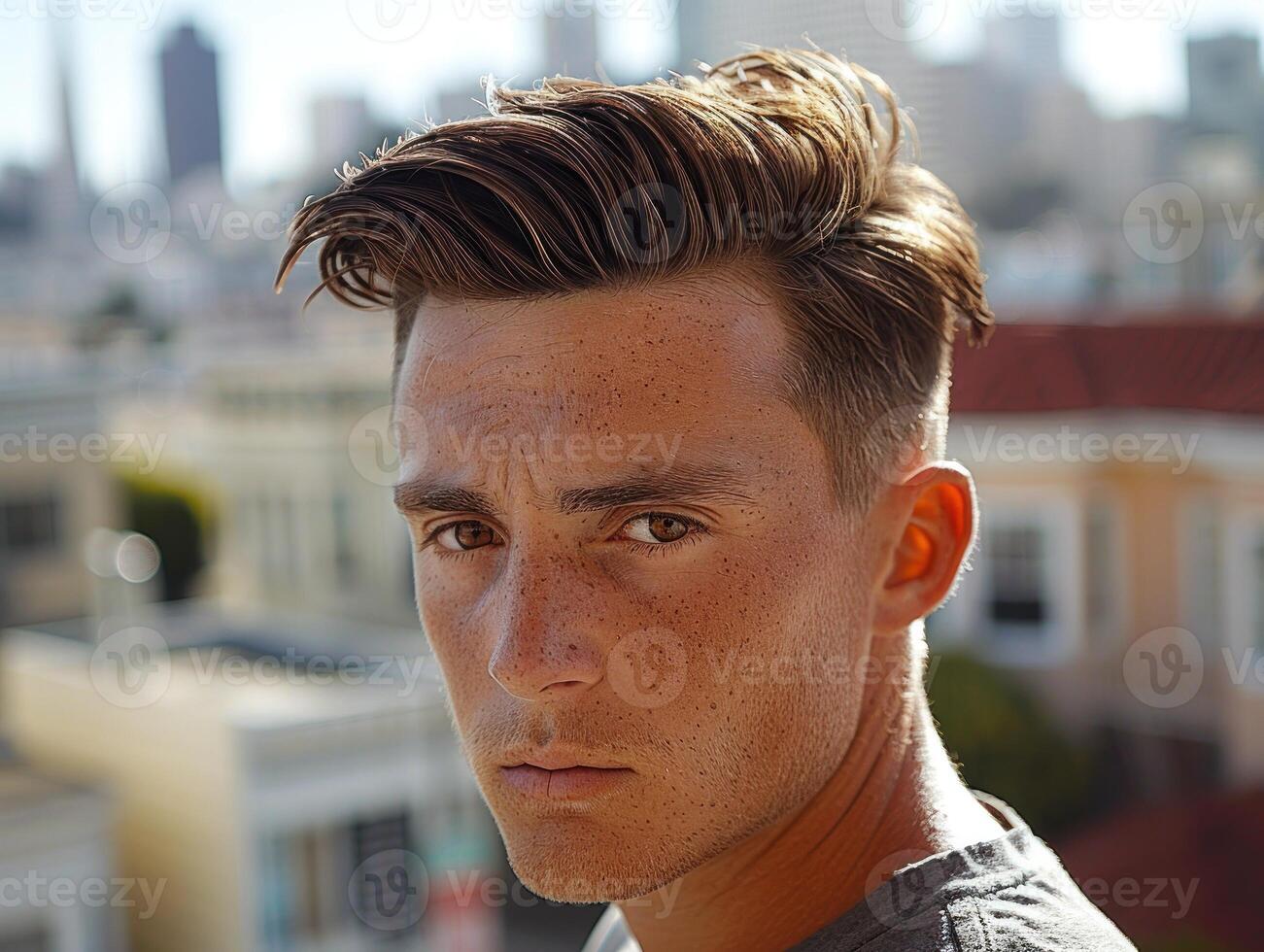 A young man looks intensely at the camera, his face illuminated by the afternoon sun photo