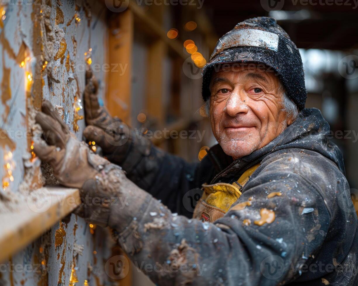 A worker smiles as he works on a buildings construction photo