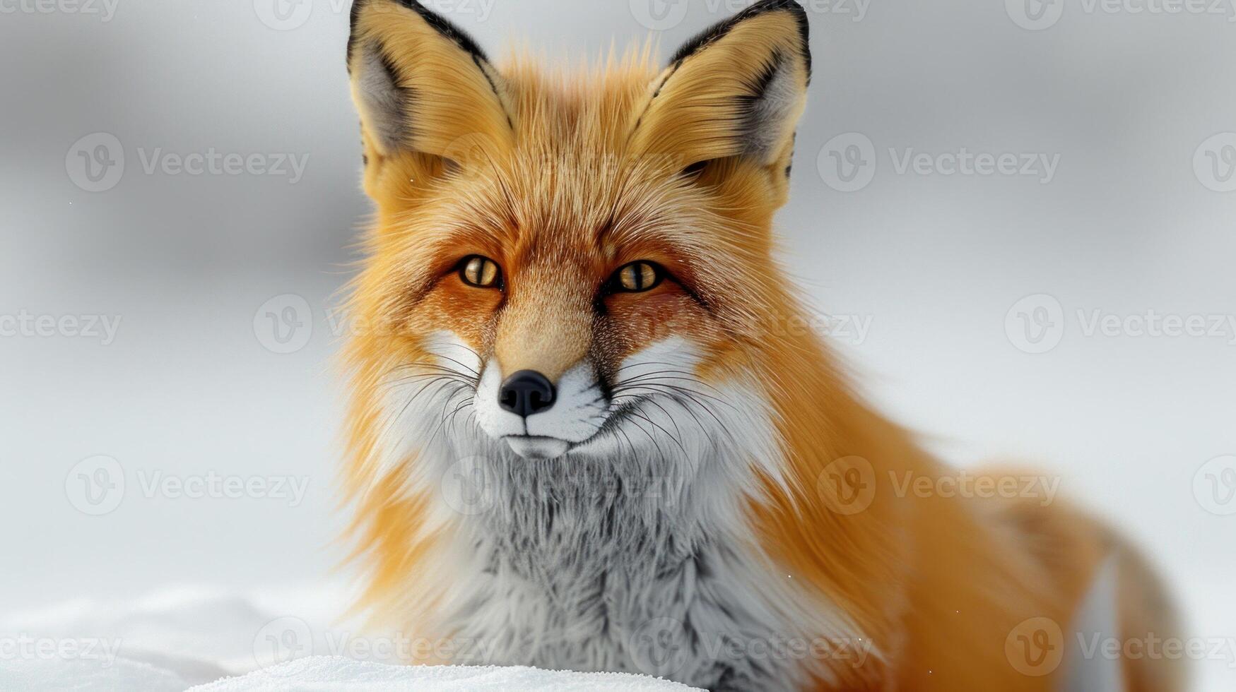 A red fox sits in the snow, looking directly at the camera photo