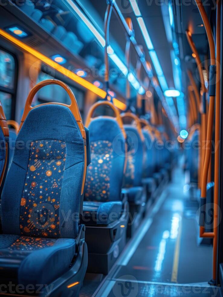 Empty seats on a modern bus, lit by overhead lights photo