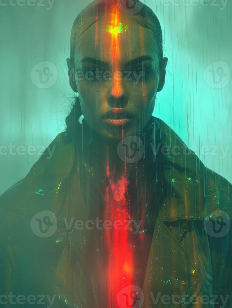 A woman stands in a downpour of glowing rain, her expression intense photo