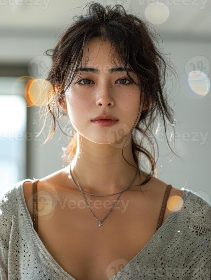 A close-up portrait of a woman with dark hair and captivating eyes photo
