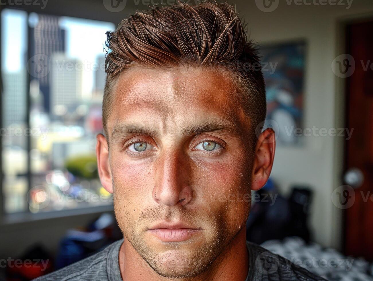 A close-up portrait of a man with piercing blue eyes photo