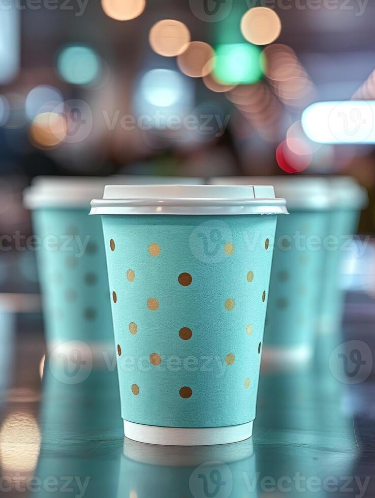 A single teal polka dot coffee cup sits on a table with blurred lights behind it photo