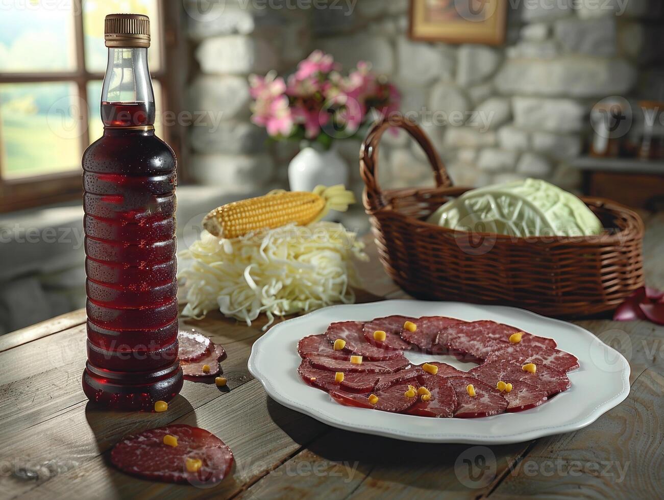 Rustic table setting featuring sliced meat, corn, and cabbage photo
