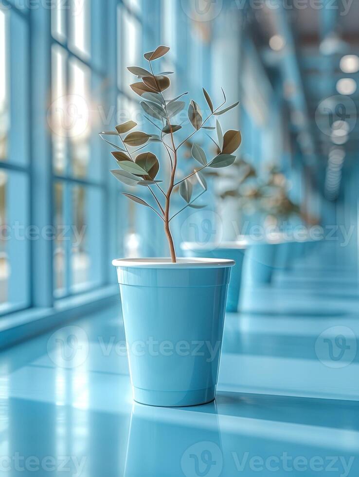 A small plant in a blue cup sits on a blue surface near a window photo