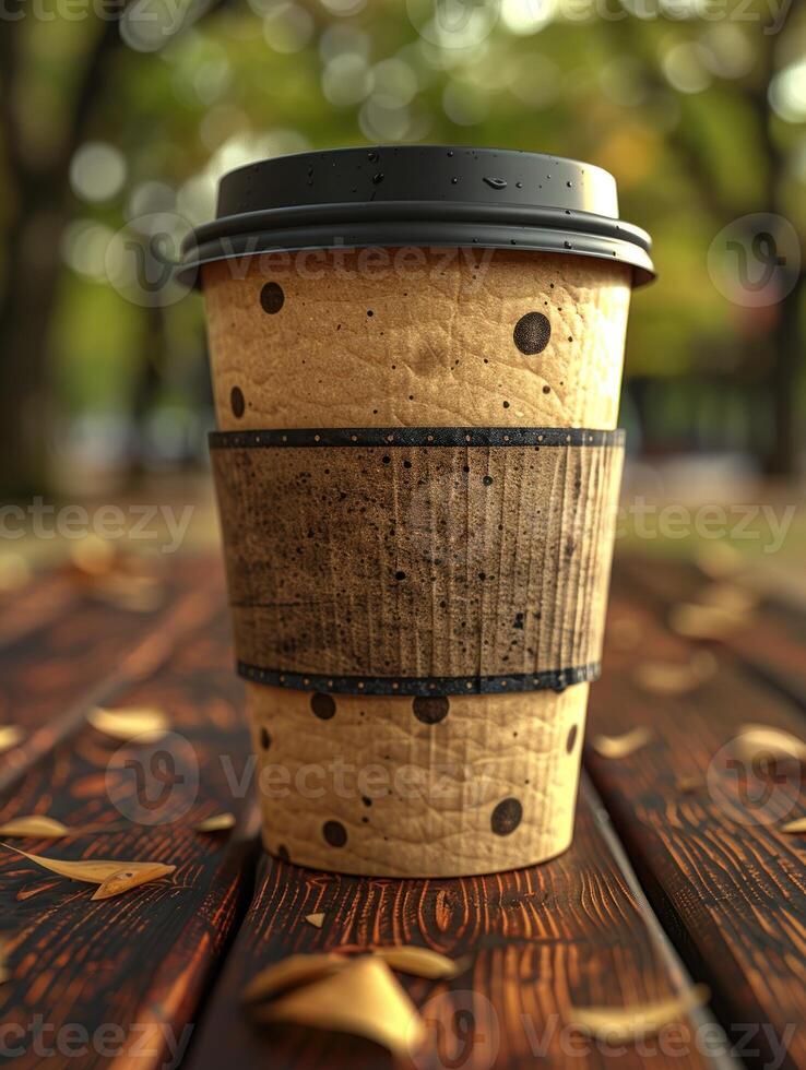 A paper cup of coffee sits on a wooden table in the fall photo
