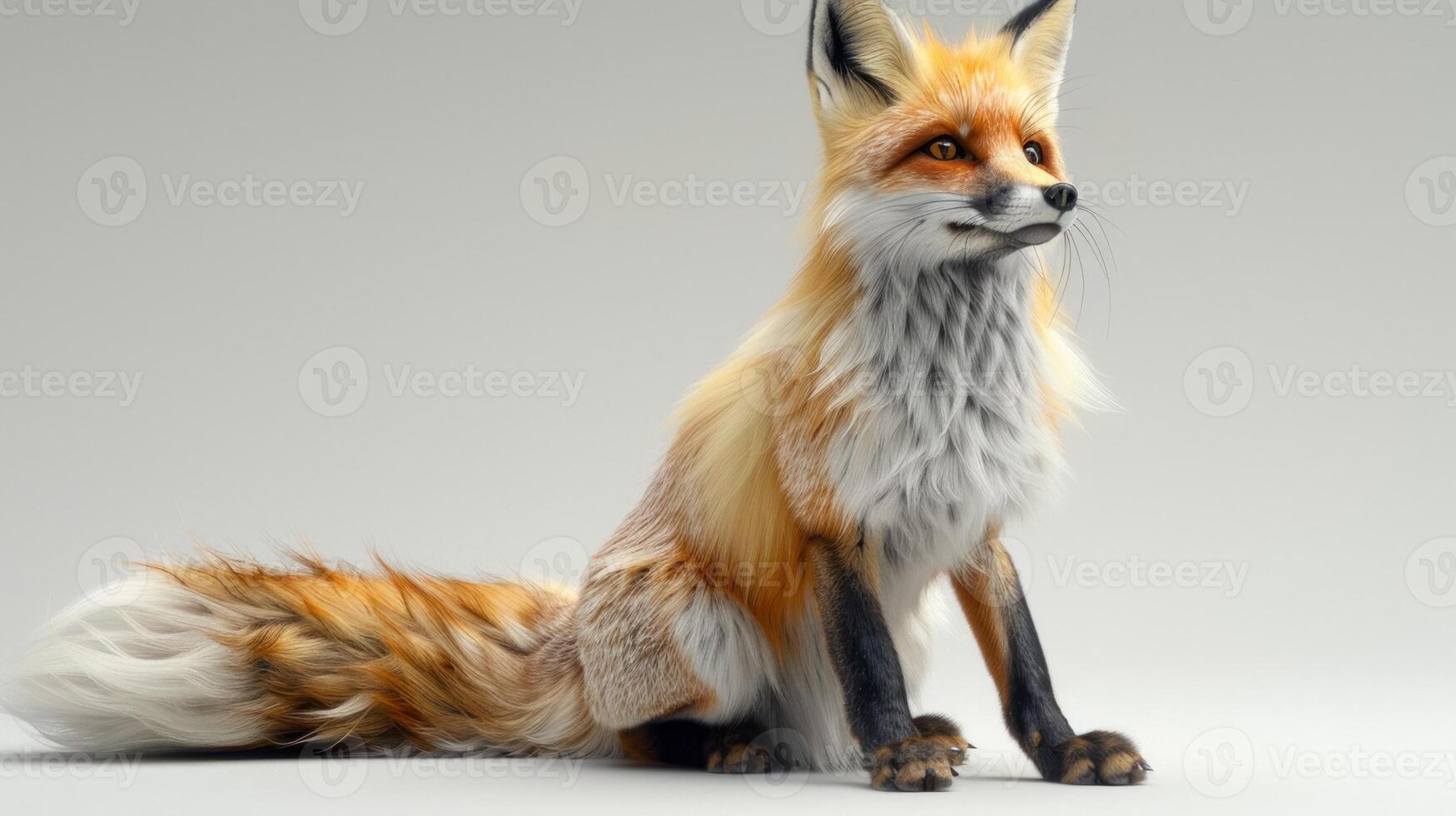 A red fox sits gracefully on a white backdrop photo