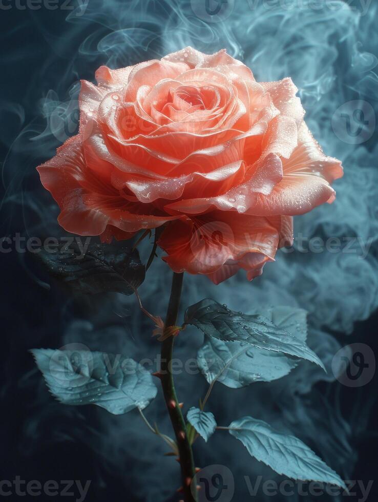 A delicate rose emerges from a wispy cloud of smoke photo