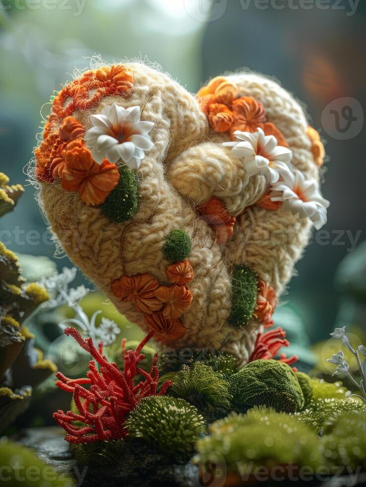 A heart-shaped knitted object adorned with flowers stands in a verdant garden photo