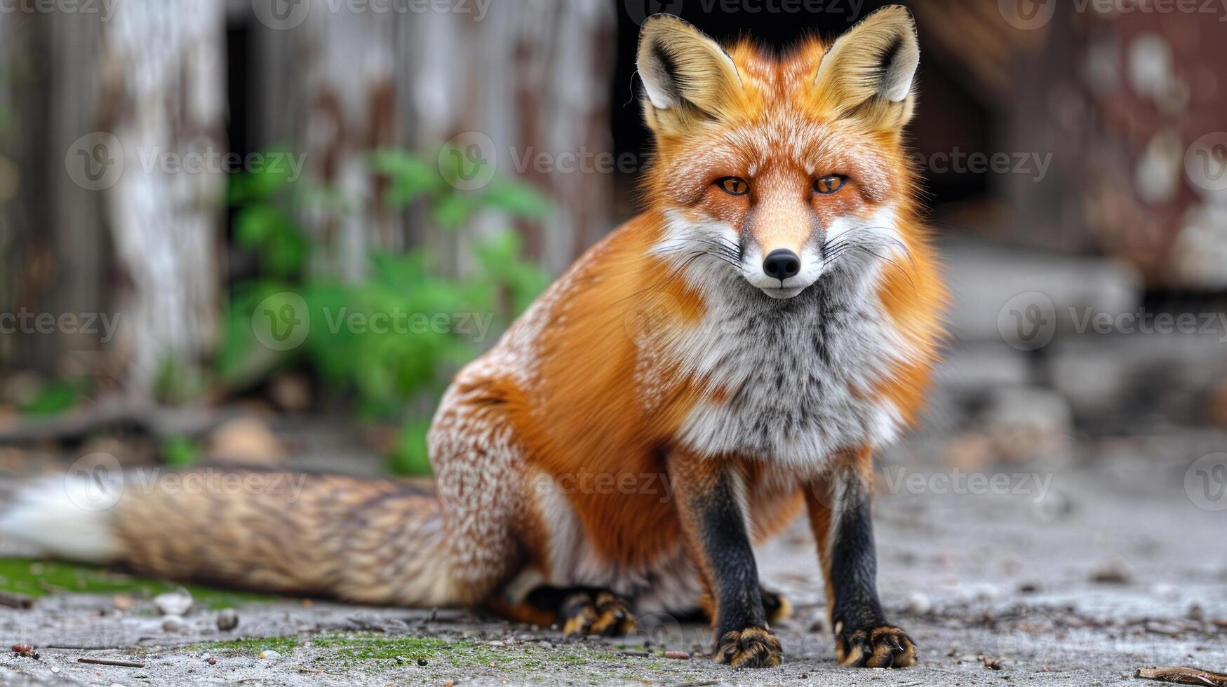 A fox sits in the forest, looking directly at the camera photo