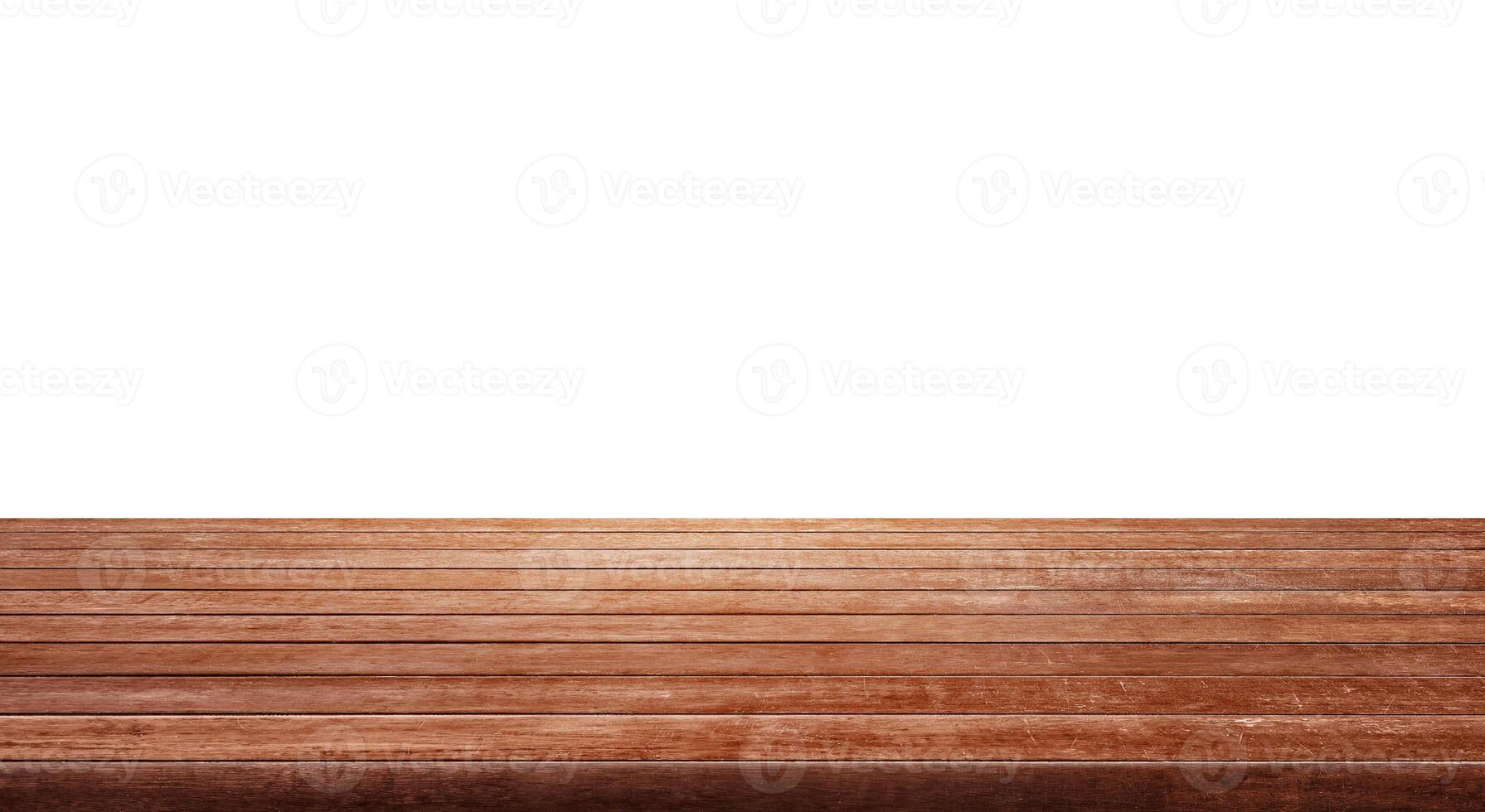 empty wooden table front view isolated on white background. photo