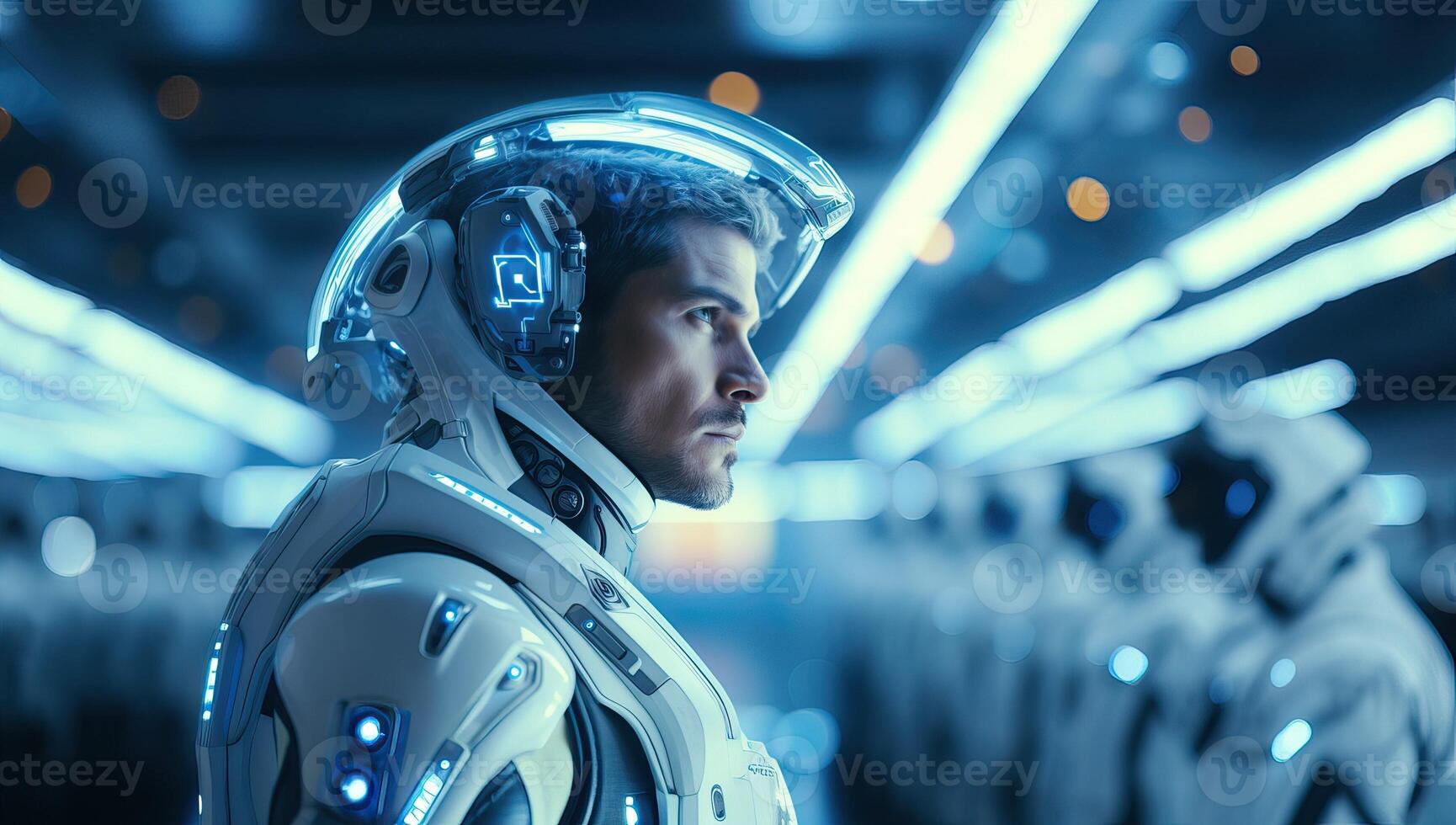 A determined male astronaut in a futuristic white spacesuit amidst a team, prepares for a space mission. The scene is set in a high tech spacecraft interior with bright lights. photo