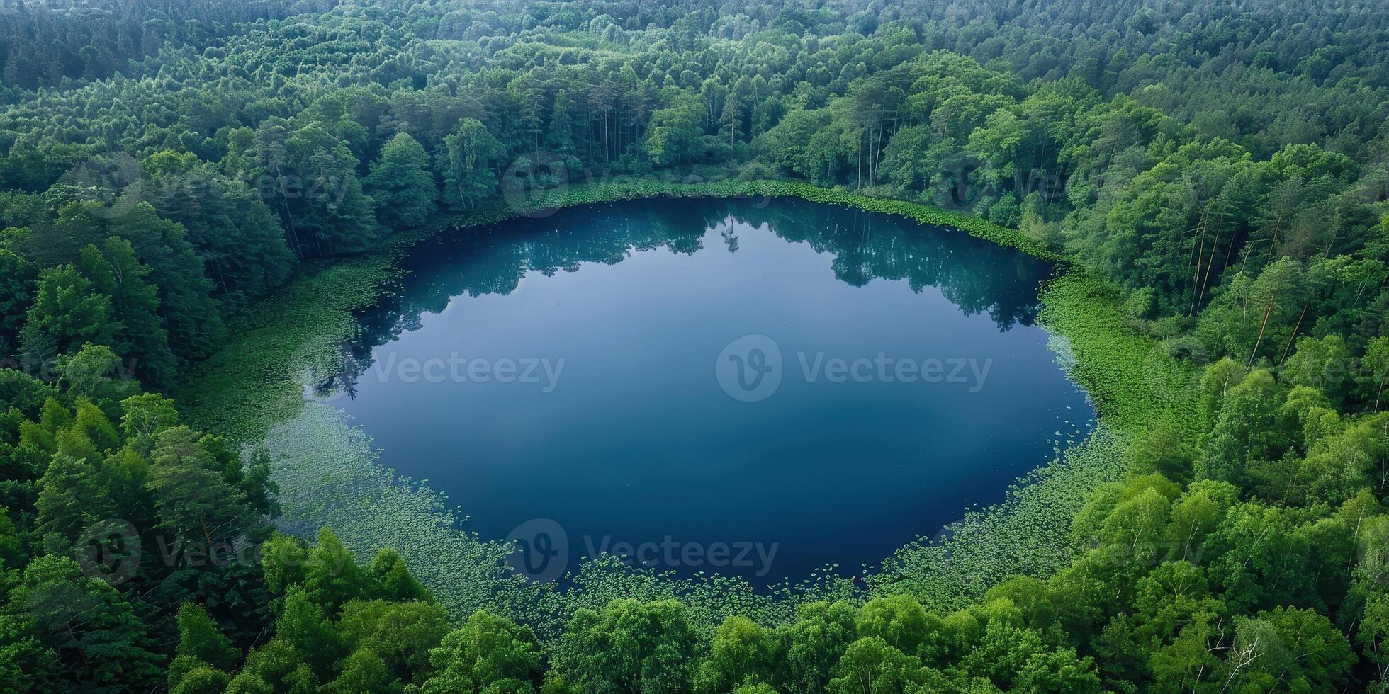 An aerial view of a perfectly circular lake surrounded by lush green forest. The still water reflects the blue sky, creating a serene and tranquil atmosphere. photo