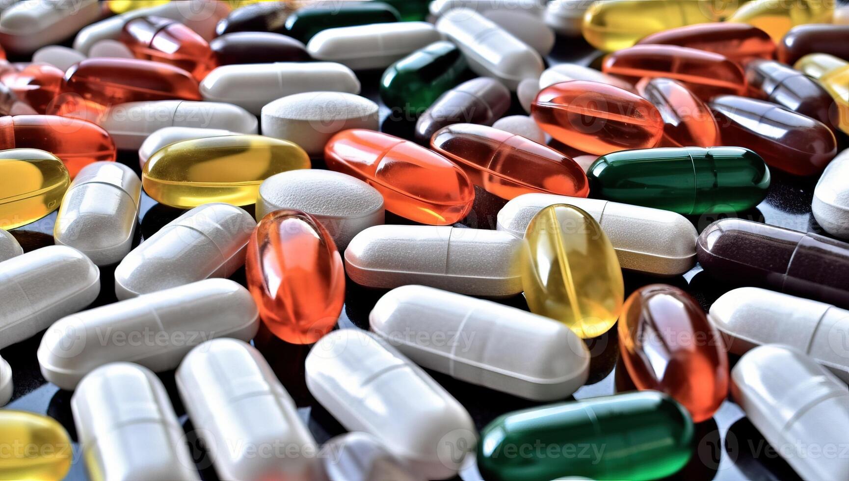 A variety of colorful pills and capsules are scattered on a reflective surface, representing the pharmaceutical industry and the importance of medication in healthcare. photo