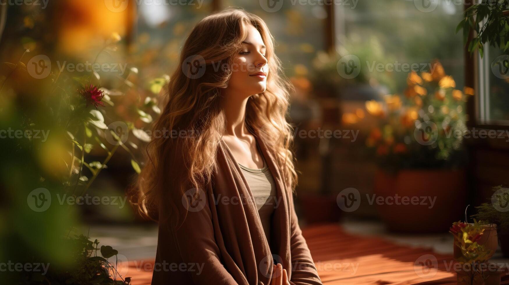 Serene woman meditating indoors, surrounded by lush greenery and bathed in warm sunlight. She finds peace and tranquility in this calming environment. photo